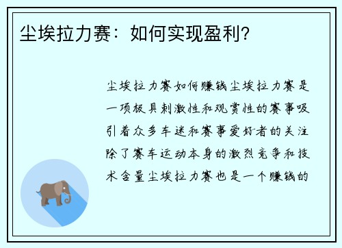 尘埃拉力赛：如何实现盈利？