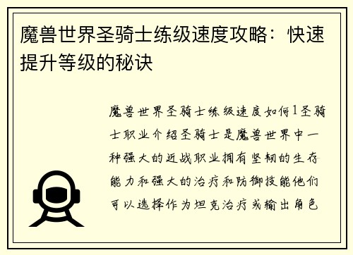 魔兽世界圣骑士练级速度攻略：快速提升等级的秘诀